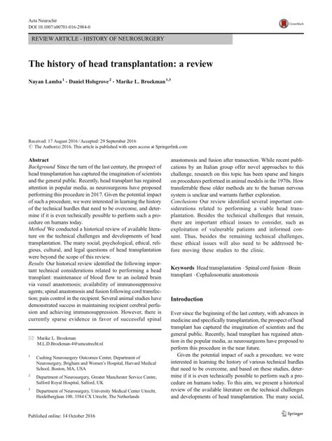 The history of head transplantation: a review .